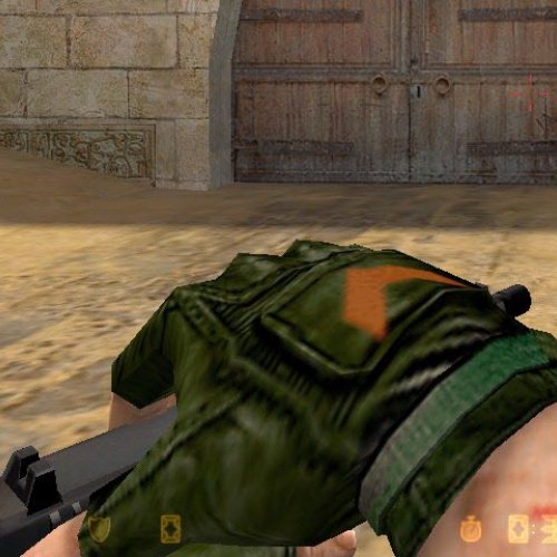 Green gloves and bloody arms